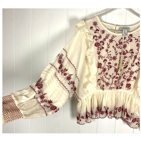 Calypso St Barth NWT Cream Embroidered Ruffle Keyhole Closure Blouse Size Large - Picture 4 of 7